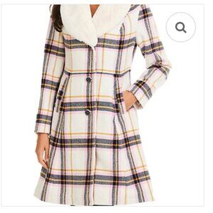 kate spade cream pink plaid Faux Fur Lapel Wool Coat size small like new no tags